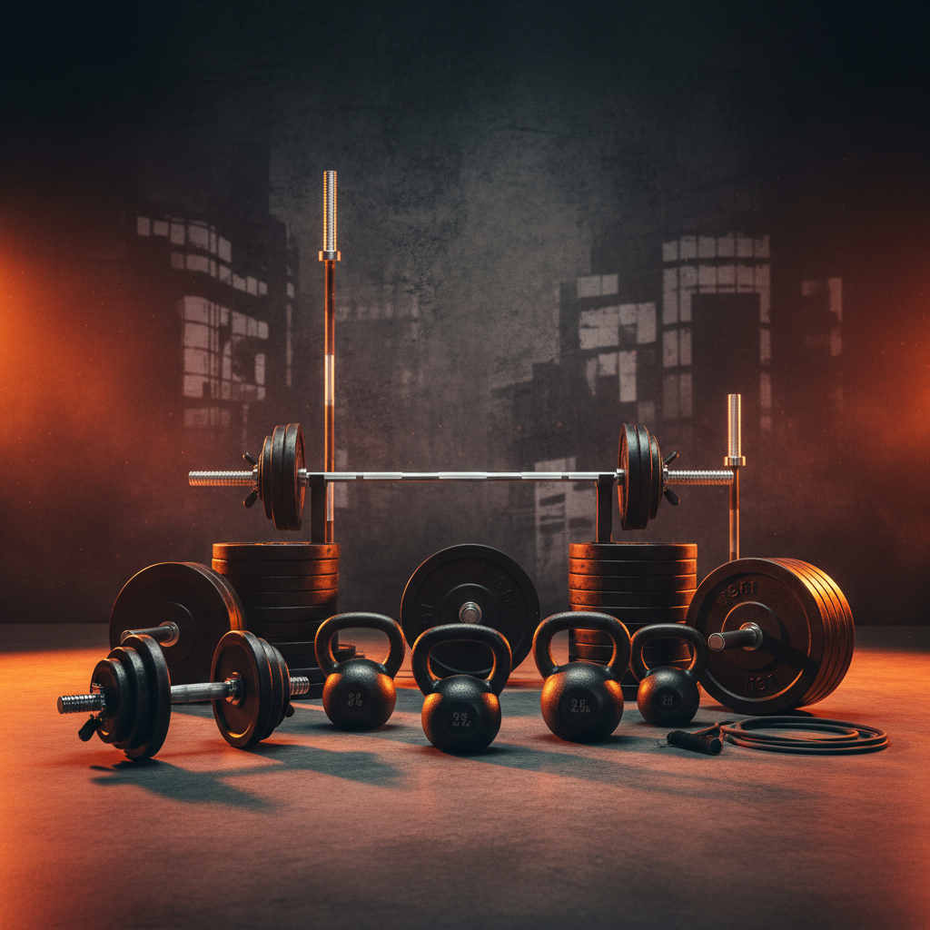 Generate a 287.48 pixle background with gym exercise equipment with studio style and orange color lighting 