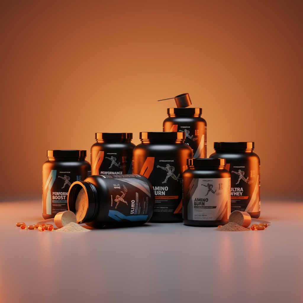 Generate a 317.49 287.48 pixels image of gym supplements with studio style background with orange lighting and jars of supplements